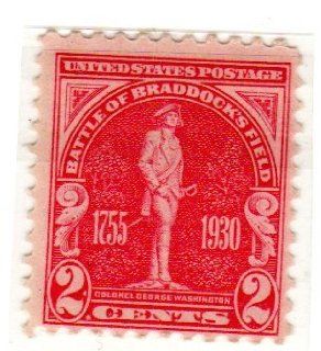 Postage Stamps United States. One Single 2 Cents Carmine Rose Statue of Col. George Washington, Braddock's Field Issue Stamp Dated 1930, Scott #688. 