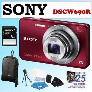 DSCW690R Cybershot 16.1MP 10X Digital Camera Red + 16GB Memory Card + Soft Carrying Case Black + FREE 25 Free Prints + Zeikos Flexible Tripod Memory Card Wallet 3pc Cleaning Kit Microfiber Cloth & 3 Screen Protectors + Infolithium Rechargeable Batter :