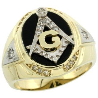 10k Gold Gent's Diamond Masonic Square & Compass Ring Oval Shape Black Onyx Rhodium Accent: Jewelry