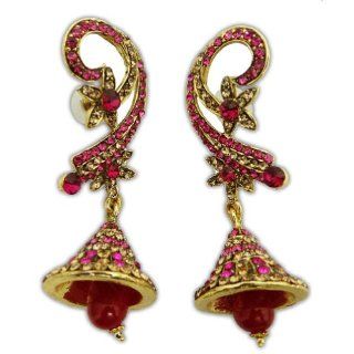 Indian Traditional Dangle Earring Magenta Gold Tone Ethnic Wedding Party Jewelry: Jewelry