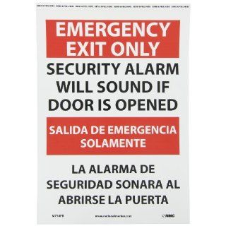NMC M734PB Bilingual Exit/Entrance Sign, Legend "EMERGENCY EXIT ONLY SECURITY ALARM WILL SOUND IF DOOR IS OPENED", 10" Length x 14" Height, Pressure Sensitive Vinyl, Red/Black on White: Industrial Warning Signs: Industrial & Scienti