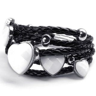 KONOV Jewelry Stainless Steel Heart Charms Braided Leather Womens Bracelet, White Silver Black: KONOV Jewelry: Jewelry