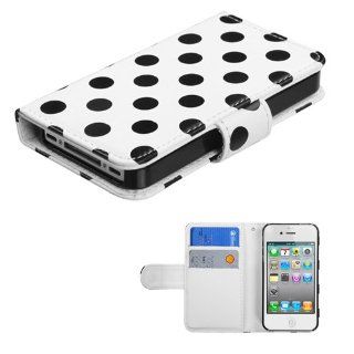 IMAGITOUCH(TM) 4 Item Combo APPLE iPhone 4S 4 Black Polka Dots White Frosted Book Style Wallet Case with Credit Card Slot (with card slot) (756) (Stylus pen, ESD Shield bag, Pry Tool, Phone Cover): Cell Phones & Accessories