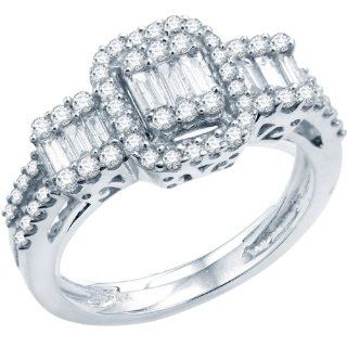 1.00 Carat (ctw) 14k White Gold Round & Baguette Diamond Ladies Bridal Engagement Ring 1 CT: Jewelry