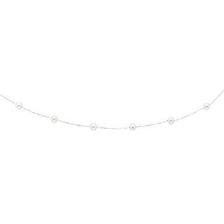 14K White Gold 16" 6 6.5mm White Pearl With Cable Link Chain Tin Cup Necklace With Spring Ring Clasp Jewelry