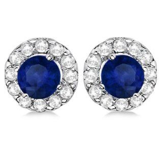 Halo Diamond and Blue Sapphire Stud Earrings For Women Round Prong Set 14K White Gold (0.79ct): Allurez: Jewelry
