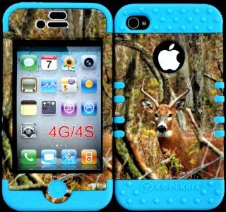 Bumper Case for Apple Iphone 4 4s Camo Mossy Real Deer Hunter Series Design Hard Plastic Snap on Light Blue Silicone Gel Cell Phones & Accessories