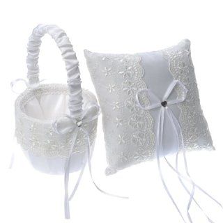 Artwedding Satin and Lace Wedding Accessory Set Flower Girl Basket and Ring Pillow with Bow, White, One Size: Everything Else