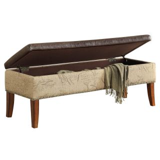 Armen Living Antique Brown Storage Bench   Natural Jute and Accent Nails   Bedroom Benches