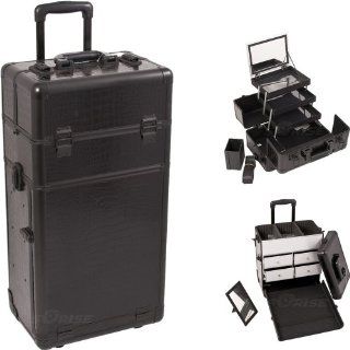 All Black Crocodile Textured Printing Professional Rolling Aluminum Cosmetic Makeup Case With Split Drawers Extendable Trays And Brush Holder : Office Electronics : Electronics