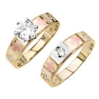 14K Tri color Gold High Polish Finish Round Top Quality Shines CZ Cubic Zirconia Solitaire Ladies Engagement Ring and Wedding Band 2 Piece Set: The World Jewelry Center: Jewelry