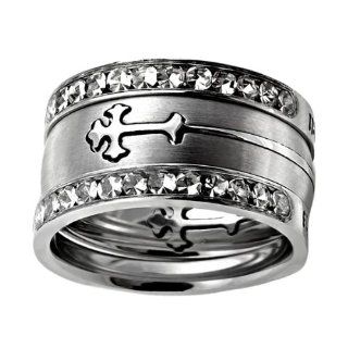 Christian Womens Stainless Steel 10mm Abstinence 3 Ring Crown of Thorns Silver Double Orthodox Cross Tiara Chastity Ring for Girls   1 Black Double Cross Orthodox Cross Ring   Cross Slides In & Out of the Ring Like a Puzzle, 2 "All Things Through 