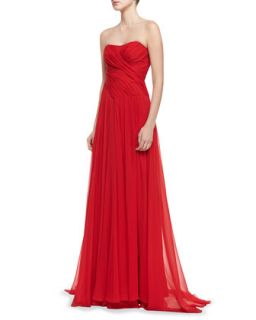 Womens Strapless Ruched Bodice Gown, Red   Badgley Mischka Collection