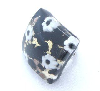 Black Gold Flower Curved Venetian Murano Glass Adjustable Ring: Jewelry