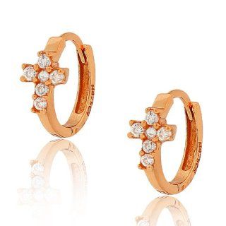 Sterling Silver Rose Gold Plated White Round Crystals CZ Religious Latin Cross Womens Girls Hoop Huggie Earrings: My Daily Styles: Jewelry