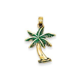 Green Enameled Palm Tree Pendant In 14 Karat Yellow Gold: Jewelry