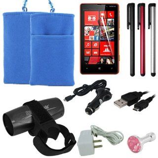 Skque 8 accessories in 1 package for Nokia Lumia 820,include 5 Inch Blue Soft Sleeve Cloth Pouch Velvet Case + Anti Scratch Screen Protector + white Micro USB Wall Charger + black Micro USB Car Charger + Mini Portable Music  Player Speaker with FM Radio
