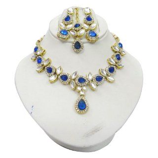 Blue CZ Gold Tone Indian Necklace Earring Set Bollywood Party Wear Women Jewelry: Jewelry