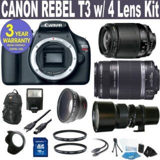 BRAND NEW CANON REBEL T3 w/ CANON 18 135 IS LENS + CANON 55 250 IS LENS + 500mm SUPER TELEPHOTO PRESET LENS + .45X SUPER WIDE ANGLE FISHEYE LENS + 16 GIG MEMORY + 3 YEAR CELLTIME WARRANTY : Digital Camera Accessory Kits : Camera & Photo