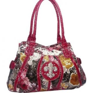 Designer Inspired Animal & flower print rhinestone fleur de lis shoulder Handbag Multi / Red Trim: Clothing