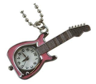 Silver Pink Guitar Charm Watch Necklace   Pendant Watch Necklace: Watches