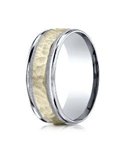 14k Two Toned 8mm Comfort Fit Hammered Finished with Milgrain Carved Design Benchmark Wedding Band Ring for Men & Women Size 4 to 15: Jewelry