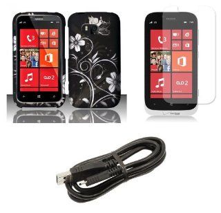 Nokia Lumia 822 (Verizon) Accessory Combo Kit   Silver Meadow Butterfly Flower on Black Design Shield Case + Atom LED Keychain Light + Screen Protector + Micro USB Cable: Cell Phones & Accessories