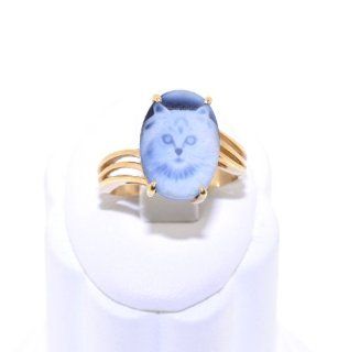 14K Yellow Gold Blue Cameo Cat Ring: Jewelry