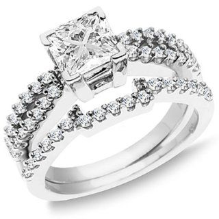 0.62 Carat (Ctw) 14k White Gold Round White Diamond Semi Mount Split Shank Engagement Bridal Ring Set with Matching Wedding Band (No Center Stone): Jewelry