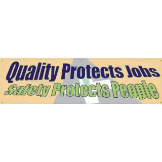 Accuform Signs MBR862 Reinforced Vinyl Motivational Safety Banner "Quality Protects Jobs Safety Protects People" with Metal Grommets, 28" Width x 8' Length, Blue/Green/Gray on Orange Industrial Warning Signs