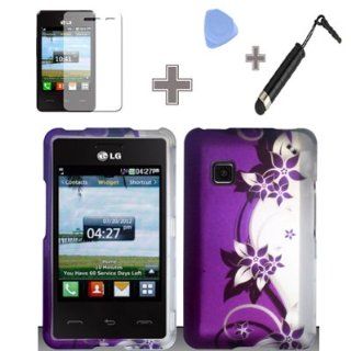 Rubberized Purple Silver Vines flower Snap on Design Case Hard Case Skin Cover Faceplate with Screen Protector, Case Opener and Stylus Pen for LG 840g   StraightTalk/ Net 10/ Tracfone: Cell Phones & Accessories