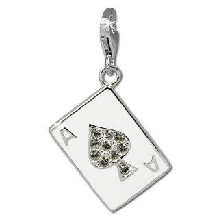 SilberDream Charm playing card spade ass, white enameled with white zirconia, 925 Sterling Silver Charms Pendant with Lobster Clasp for Charms Bracelet, Necklace or Earring FC841W Clasp Style Charms Jewelry