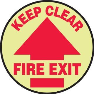 Accuform Signs MFS873 Slip Gard Lumi Glow Adhesive Vinyl Round Floor Sign, Legend "KEEP CLEAR FIRE EXIT" with Arrow Graphic, 8" Diameter, Red on Yellow: Industrial Floor Warning Signs: Industrial & Scientific