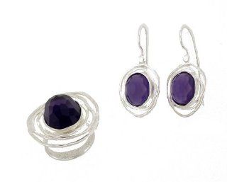 Silver Jewelry, 925 Sterling Silver Matching Earrings + Ring SET. Custom Hand Made and Designed in Israel by Bili Silver. Ring has 13/18mm Oval Faceted Synthetic Amethyst Purple Stone in size: 7, 8 . Earrings have 2 x 10/12mm Faceted Synthetic Amethyst Pur