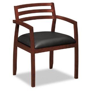 BSXVL851NST11   Wood Guest Chairs with Black Leather Seat Slatted Back  Reception Room Chairs 