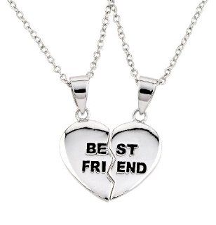 Sterling Silver Rhodium Plated 2 Piece Best Friend Heart Necklace 16 Inch Plus 2 Inch Adjustable: Jewelry