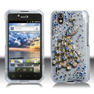 LG Marquee LS855 LS 855 Clear Transparent with Golden Blue Peacock Bird Animal Multicolor Gemstones White Design 3D 3 D Diamonds Crystals Bling Hard Snap On Protective Cover Case Cell Phone (Free Microseven logo gift)): Cell Phones & Accessories