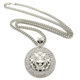 Hot Very Rare Large Silver Medusa Face Circle Pendant w/6mm 36" Cuban Link Chain Necklace XP879R CC: Jewelry