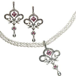 Fleur de lis Seed Pearl Sterling Silver Pendant Necklace & Chandelier Earrings Ruby Set: Earring And Pendant Necklace Sets: Jewelry