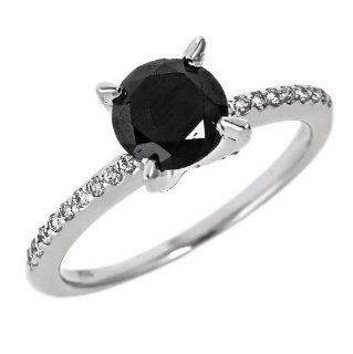 Fancy Black Round Diamond Engagement Ring Pave Set 14k White Gold (1 1/2 Carats, AAA Clarity, Black Color): Jewelry