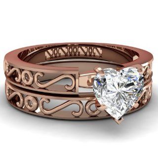 0.70 Ct Heart Shaped Diamond Engraved Inspired Wedding Rings Set SI1 E GIA 14K: Fascinating Diamonds: Jewelry