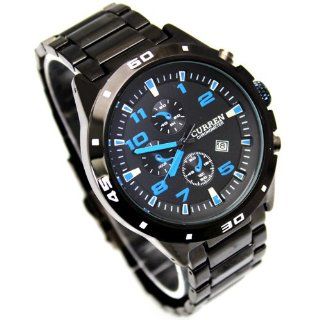 Sport Water Quartz Hours Date Hand Blue Dial Clock Men Steel Wrist Watch: Watches