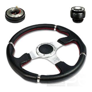 SW T140+HUB OH124+QL 2, 320mm 12.5" Black PVC Leather Red Stitch Silver Spoke 6 Hole Racing Aluminum Steering Wheel with OH124 Short Hub Adapter and 2" Slim Quick Release with Horn Button Automotive