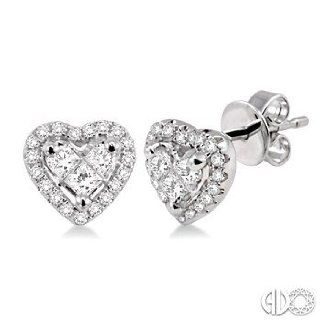 1/2 Ctw Heart Shape Round and Princess Cut Diamond Earrings in 14K White Gold: Jewelry