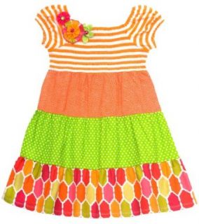 Size 4T, Orange, RRE 65973E, Orange and White Striped Knit to Tiered Mix Print Dress, Rare Editions TODDLERS, Girl Party Dress: Clothing
