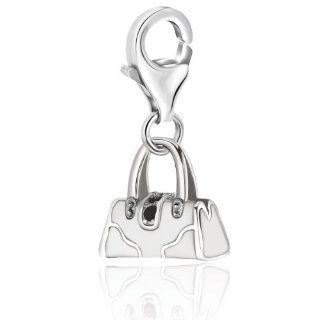 Sterling Silver White Enameled Charm with Crystal Accented Lock: Jewelry