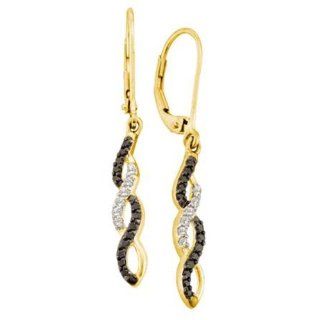 0.32 Carat (ctw) 14k Yellow Gold Black & White Diamond Ladies Swirl Dangling Drop Earrings: Jewelry