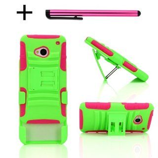 Shock and Drop Proof Dual Layer Protective Case & Holster W/ Free Stylus for AT&T / SPRINT / T Mobile HTC ONE (Please check your phone carefully) Soft Silicone Inner Layer + Hard PC Outer Layer kickstand Case + Holster /Belt Clip (Green and Hot Pin