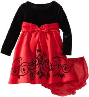 Rare Editions Baby Baby girls Infant Stretch Velvet Bodice To Red Matte Satin Flocked Dress, Red/Black, 18 Months: Clothing