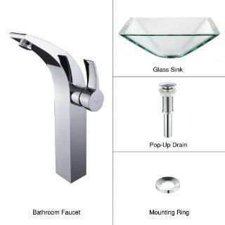 KRAUS C GVS 901 19mm 14700CH Clear Aquamarine Glass Vessel Sink and Illusio Faucet Chrome    